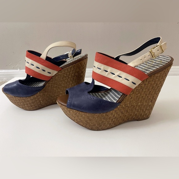 Y2K Jessica Simpson Leather Blue and Red Wedge Sandals Nautical Design Summer - Picture 2 of 14